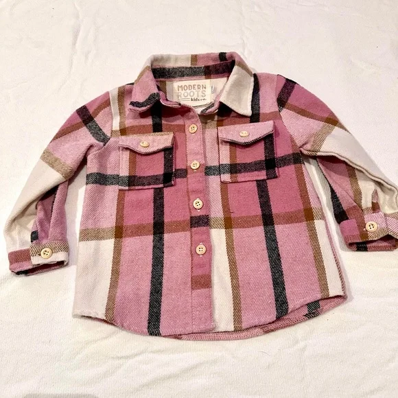 Boutique Brand Modern Roots ~ Toddler Kids Pink Plaid‎ Flannel Shirt - Picture 4 of 6